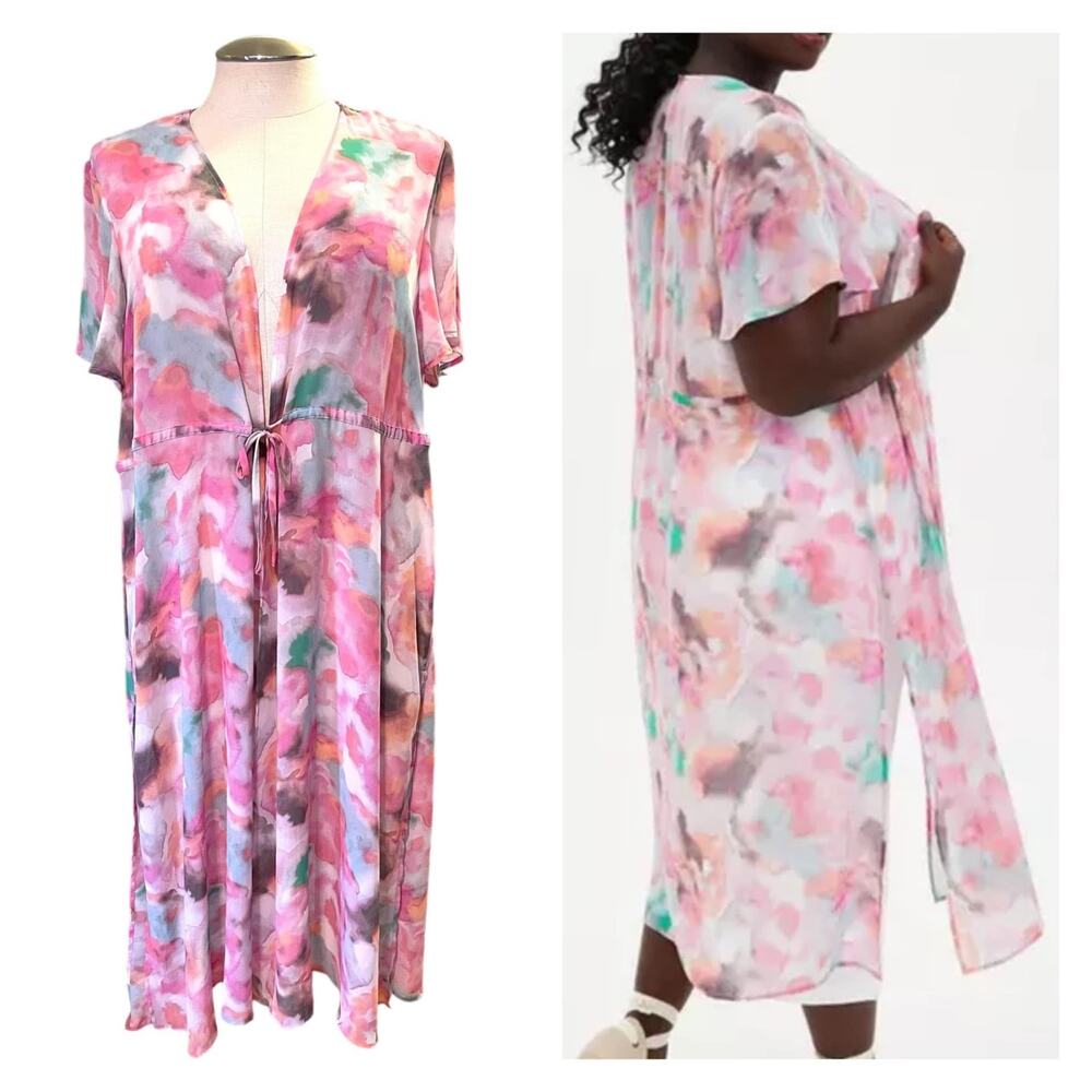 Torrid Pastel Watercolor Chiffon Open Front Sheer Long Kimono Blouse Cover Up 2X